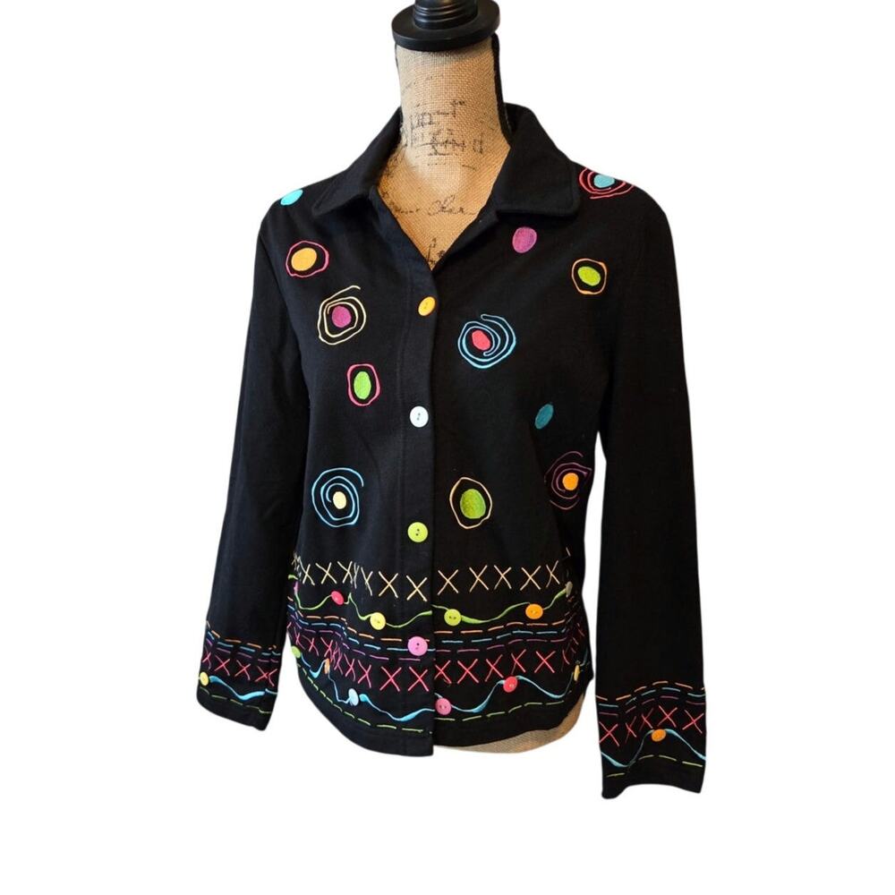 Onque casuals cotton collared button front artsy sweater black rainbow S